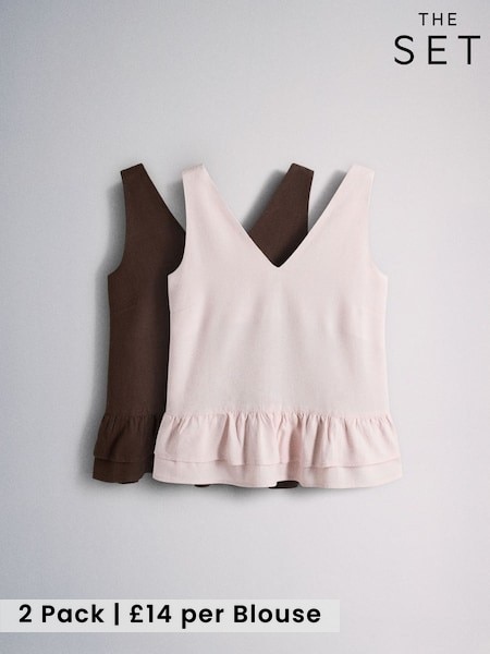 Light Pink/Chocolate Brown - The Set 2 Pack V-neck Frill Blouses With Linen