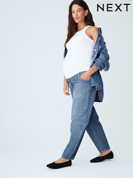 Mid Blue - Over Bump Barrel Leg Maternity Jeans