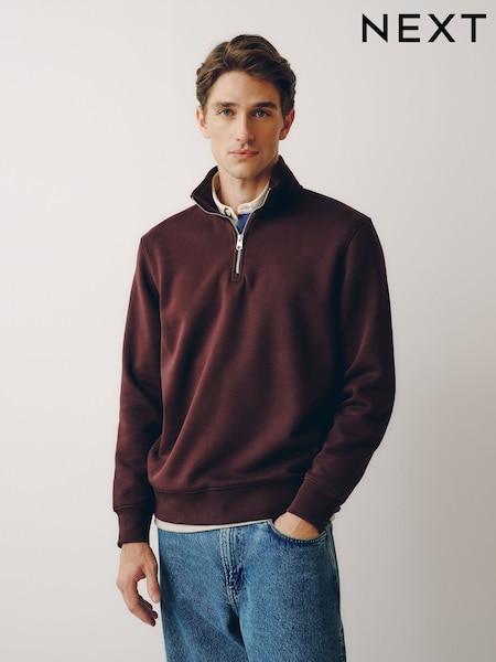 Burgundy Red - Regular Cotton Rich Jersey Quarter Zip Sweatshirt