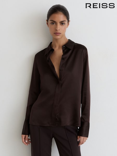 Grape Burgundy - Reiss Ameira Silk-satin Concealed-placket Shirt