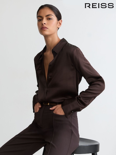 Grape Burgundy - Reiss Ameira Silk-satin Concealed-placket Shirt