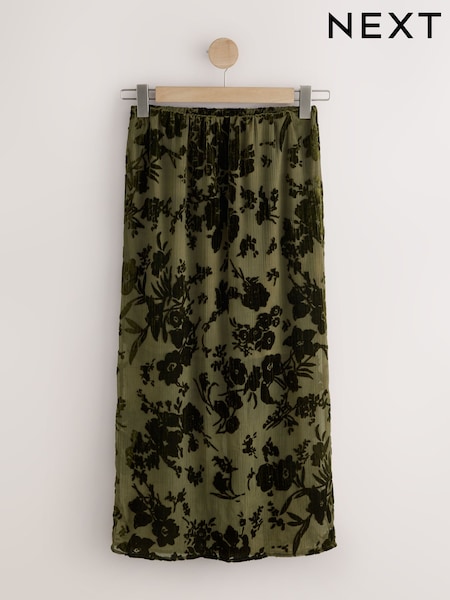 Olive Green - Floral Devore Midi Skirt
