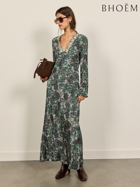 Green - Printed Long Sleeve Embroidered Midi Dress