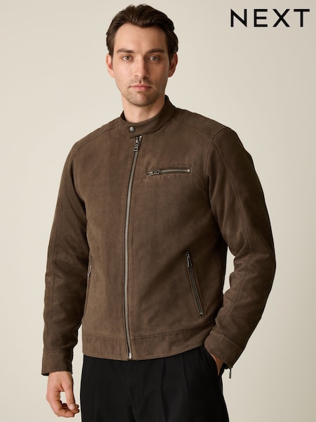 Brown - Regular Faux Suede Borg Lined Jacket