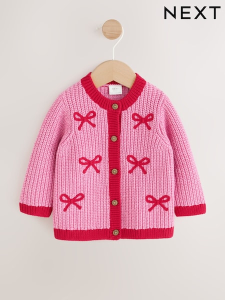 Pink and Red - My First Christmas Baby Cardigan (0-18mths)