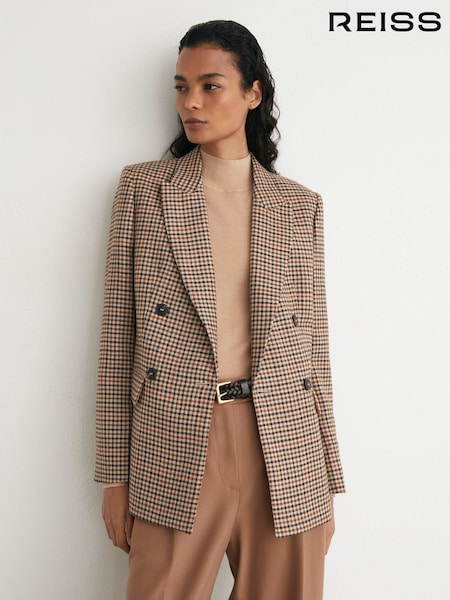 Neutral Check - Reiss Willow Wool Houndstooth-check Double-breasted Blazer