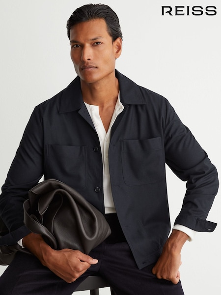 Navy - Regular Reiss Penge Brushed Twin-pocket Overshirt With Wool