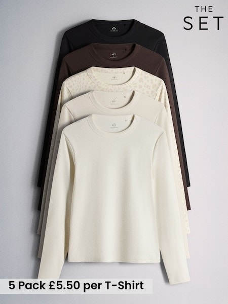Brown/Cream - The Set 5 Pack Ribbed Long Sleeve T-shirts