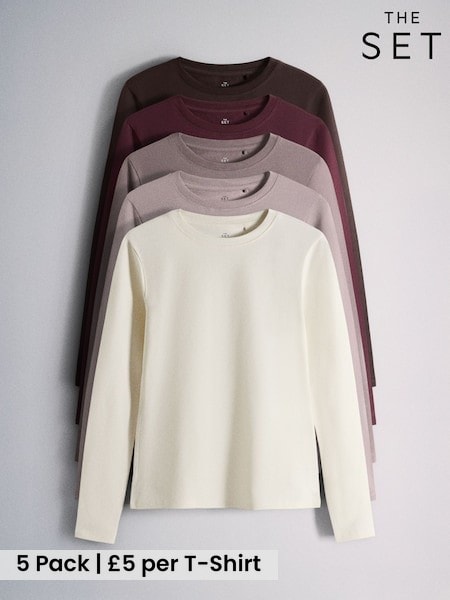 Brown/Pink/Purple/Cream/White - The Set 5 Pack Fitted Crew Neck Long Sleeve T-shirts