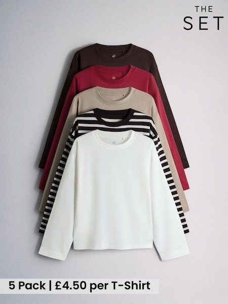 Red/Brown/Neutral/Stripe/White - The Set Essentials Relaxed Long Sleeve T-shirts 5 Pack