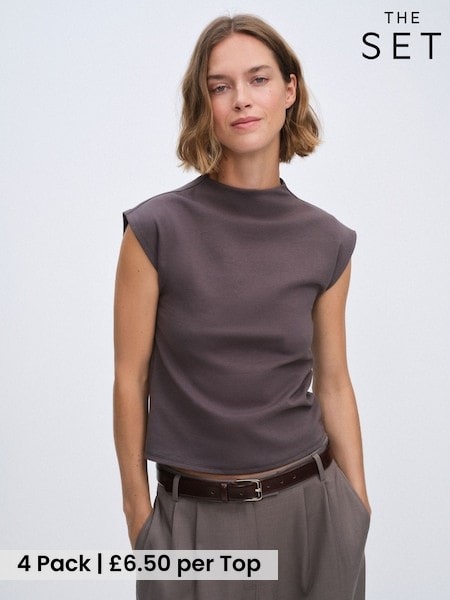 Khaki/Brown/Lilac/Cream - The Set 4 Pack Mock Neck Cap Sleeve Formal Tops