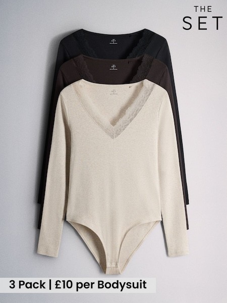Black/Brown/Oat - The Set 3 Pack V-neck Ribbed Lace Bodysuits