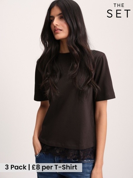 Brown/Cream/Taupe - The Set 3 Pack Lace Trim Heavyweight T-shirts