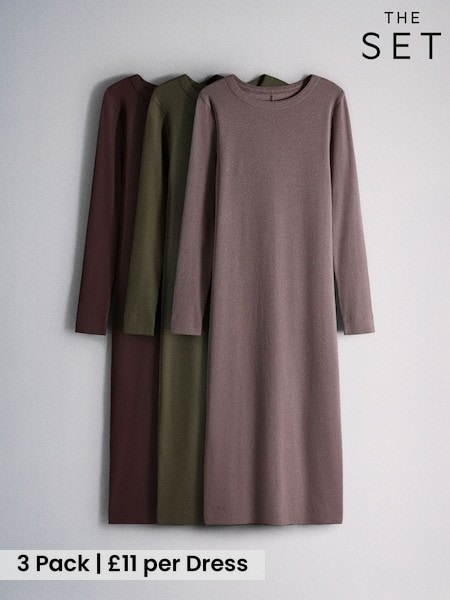 Brown/Khaki/Plum - The Set 3 Pack Long Sleeve Ribbed Jersey Maxi Dresses