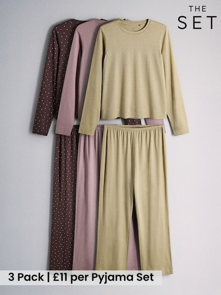 Burgundy Red/Purple/Sage Green - The Set 3 Pack Long Sleeve Cotton Pyjamas