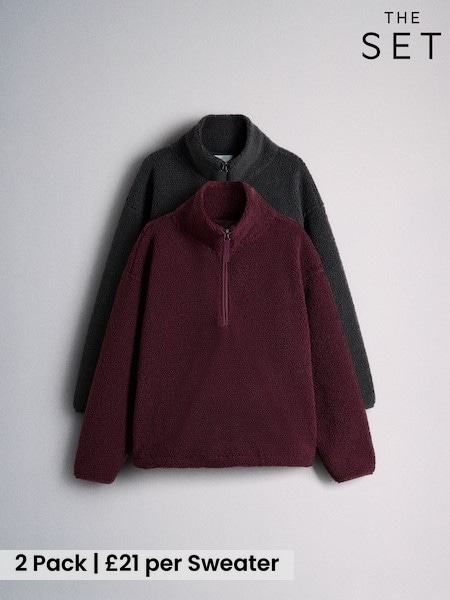 Burgundy Red / Dark Green - The Set 2 Pack Quarter Zip Borg Sweaters