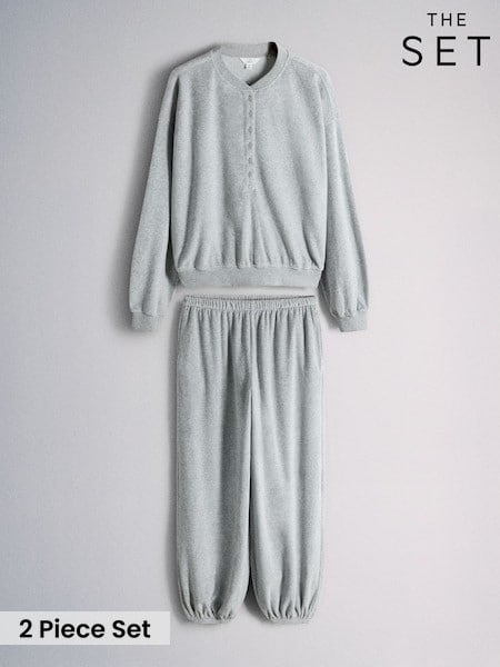Light Grey - The Set Velour Henley Crew And Cuffed Jogger Co-ord Set