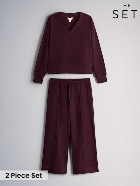 Burgundy Red - The Set V-neck Sweater And Pintuck Wide Leg Joggers Coord