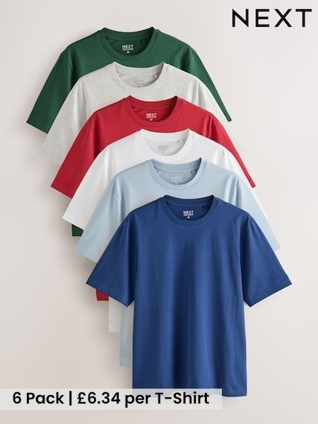 Red/Light Blue/Grey Marl/Green/White/Cobalt Blue - Regular Fit Essential Cotton T-shirts 6 Pack