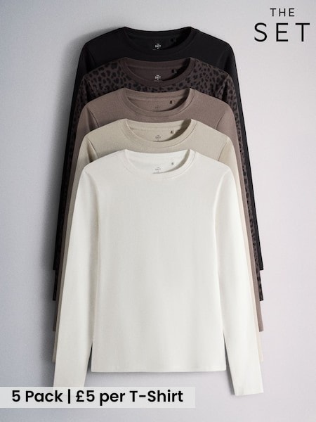 Neutral/Brown/Black/Leopard/Cream - The Set 5 Pack Fitted Crew Neck Long Sleeve T-shirts