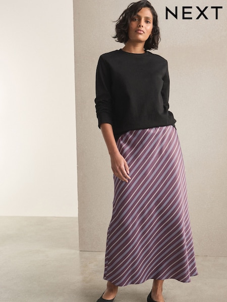 Burgundy Red Stripe - Satin Midi Skirt