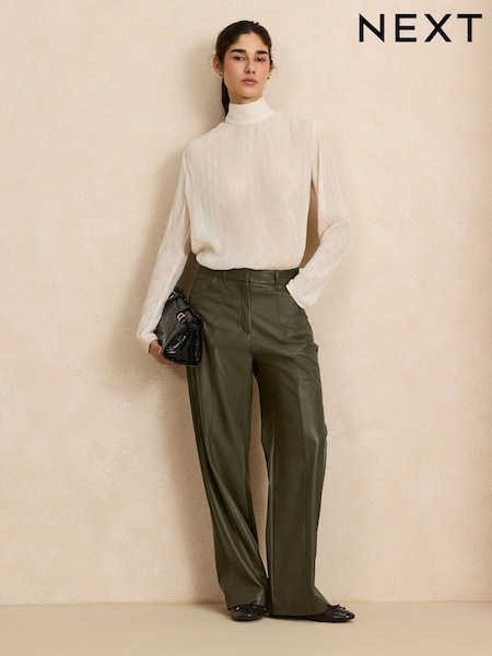 Olive Green - Faux Leather Textured Wide Leg Trousers
