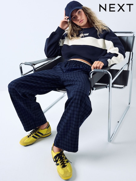 Navy Blue Check - Brushed Barrel Leg Trousers
