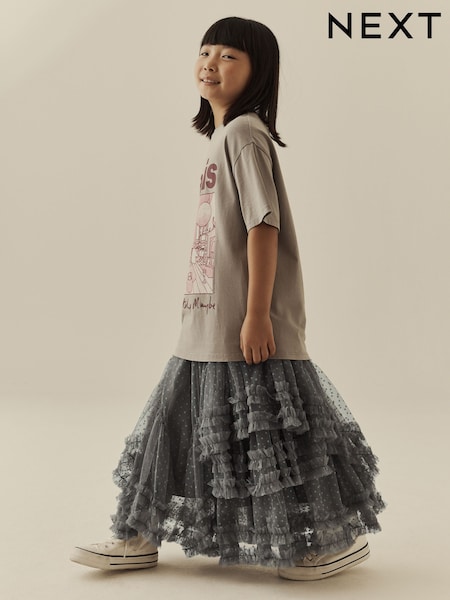 Grey - Mesh Tiered Maxi Skirt (3-16yrs)