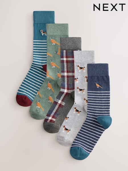 Blue/Green Mixed Animals - Regular Pattern Socks 5 Pack