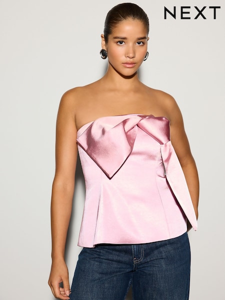 Pink - Satin Bow Detail Bandeau Top