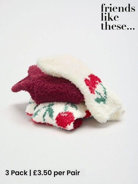 Red and Cream Cherry Print - Friends Like These Cosy Slipper Socks 3 Pack