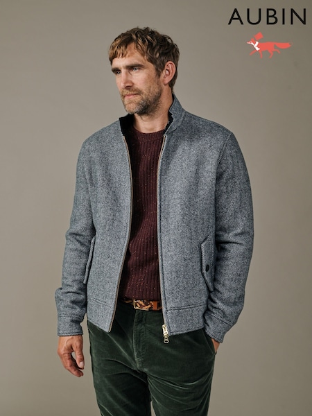 Grey - Regular Aubin Sturton Wool Herringbone Harrington