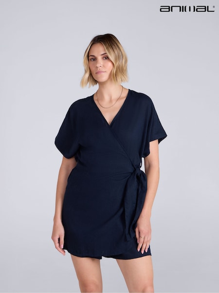 Blue - Animal Linen Wrap Playsuit