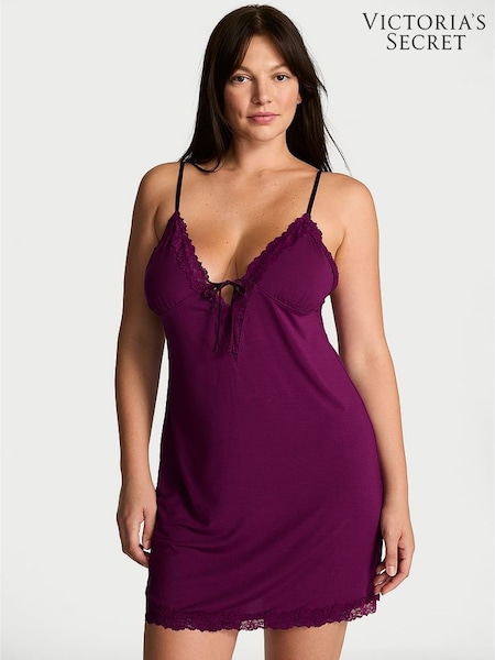 Rhubarb Purple - Victoria's Secret Modal Lace Trim Tie Front Slip Dress