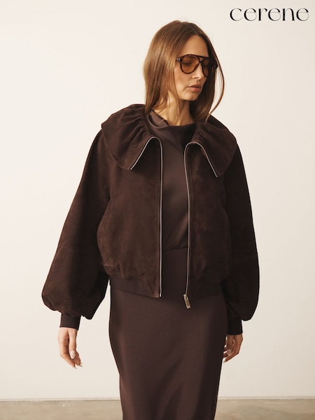 Chocolate Brown - Cerene Real Suede Ruffle Collar Blouson Sleeve Jacket