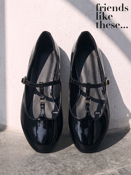 Black - Friends Like These Faux Leather Patent T-bar Flat Ballerina Shoes