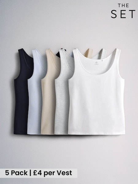 Stone/Grey Marl/Dark Navy Blue/Light Blue/White - The Set 5 Pack Scoop Neck Wide Strap Vests