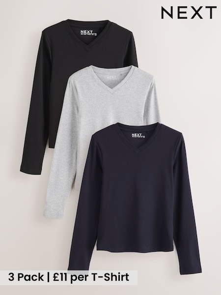 Brown/Navy/Grey - V-neck Long Sleeve T-shirts 3 Pack