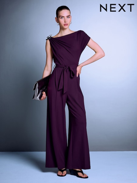 Burgundy Red - One Shoulder Ruched Occasion Jumpsuit