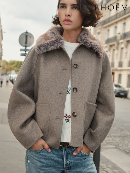Taupe Brown - Removable Fur Collar Jacket