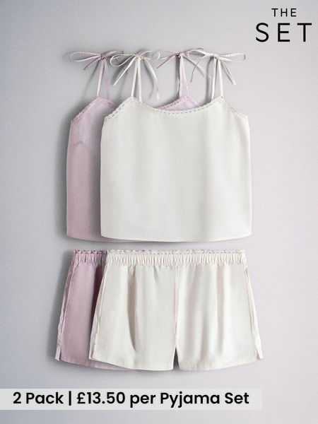 Pink/Cream - The Set 2 Pack Cotton Poplin Cami And Shorts Pyjamas Set
