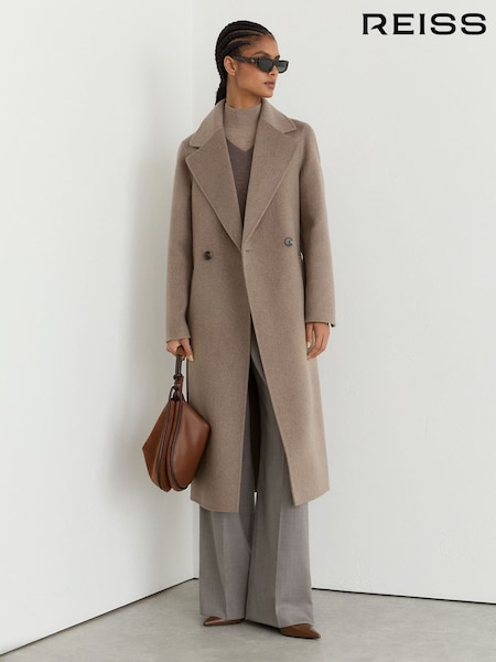 Neutral Melange - Reiss Thea Wool-blend Double-breasted Blind-seam Coat With Cashmere