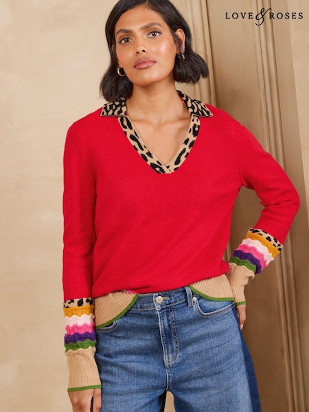 Red Leopard Tipped - Love & Roses V-neck Collared Knitted Jumper
