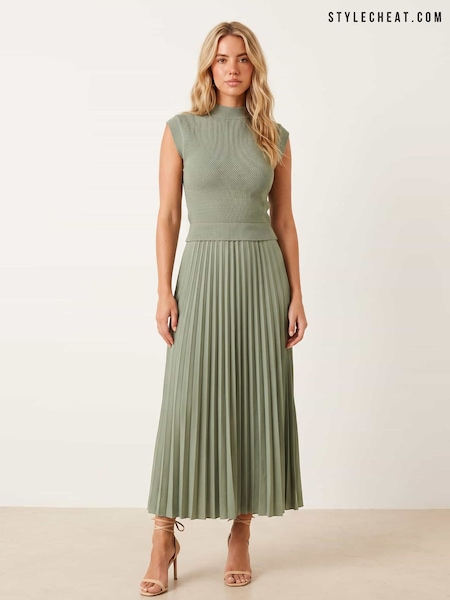Green - Style Cheat Knitted Bodice Pleated Skirt Dress