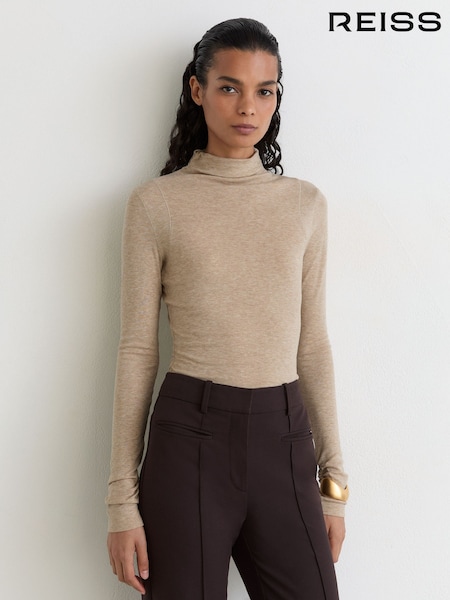 Oatmeal Neutral - Reiss Heidi Lyocell-wool Ruched Mock-neck Top