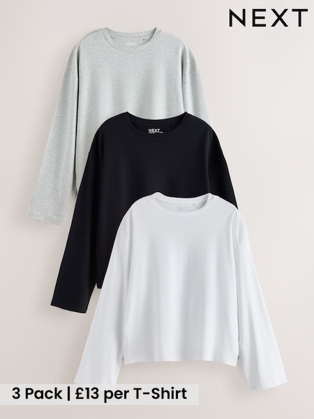 White/Black/Grey - Long Sleeve Boxy T-shirts 3 Pack