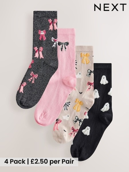 Black/Pink - Halloween Patterned Ankle Socks 4 Pack