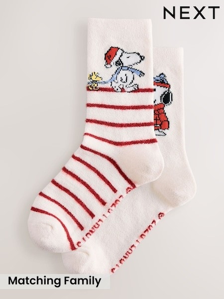 Cream/Red - Snoopy Matching Family Christmas Licensed Cosy Ankle Socks 2 Pack