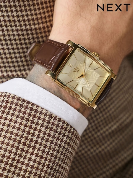 Gold - Regular Croc Leather Embossed Strap Watch