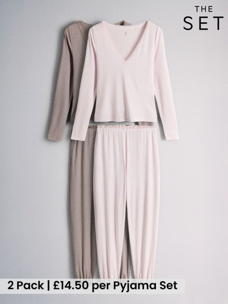 Pink - The Set 2 Pack Soft Rib Lace V-neck Top And Balloon Pant Pyjamas Set